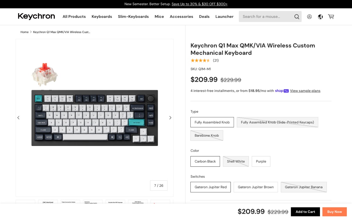 Keychron Q1 Max product page showing the QMK/VIA wireless mechanical keyboard at $209.99