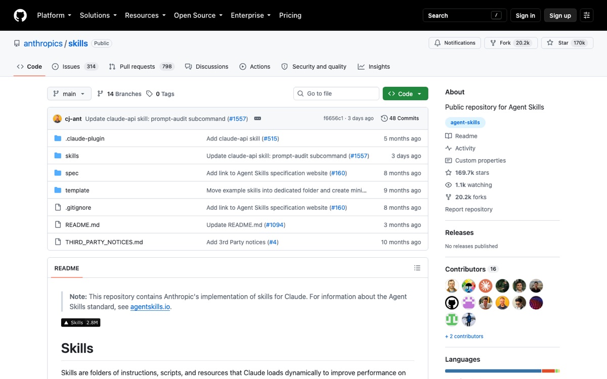 The anthropics/skills repository on GitHub — the open Agent Skills standard
