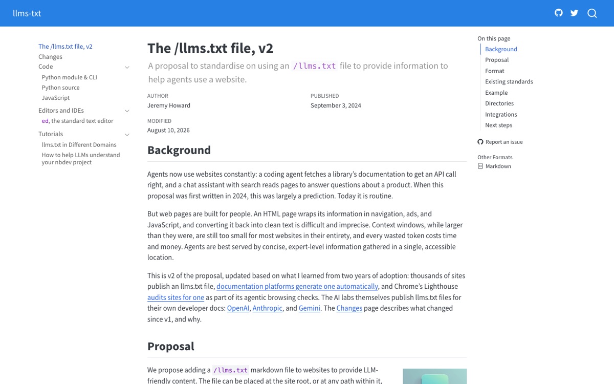 The llms.txt v2 specification at llmstxt.org, updated August 2026