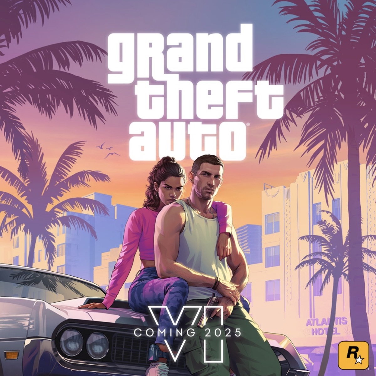 Grand Theft Auto VI promotional poster — Lucia and Jason on a car against the Vice City skyline, palm trees, sunset gradient. Coming 19 November 2026.
