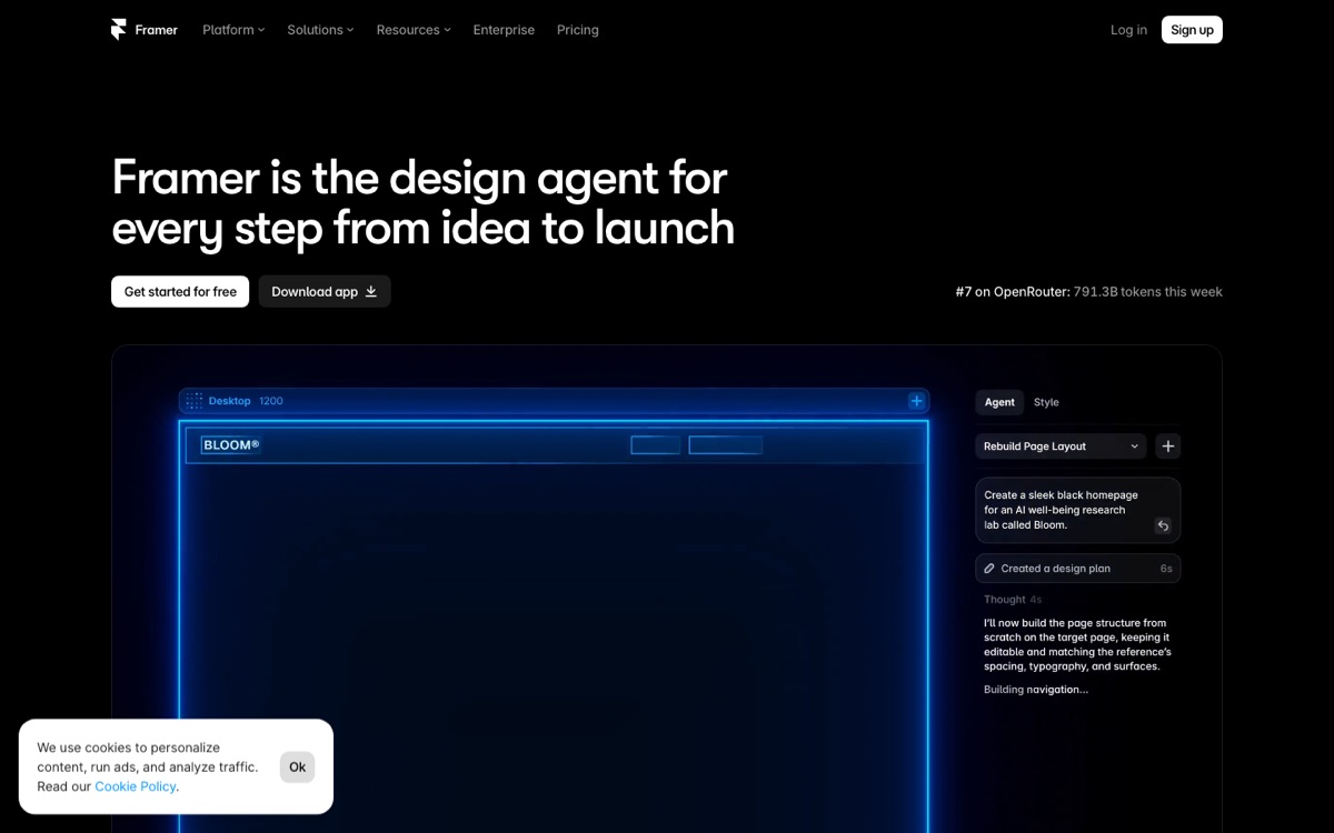 Framer's AI design agent building a homepage from a text prompt