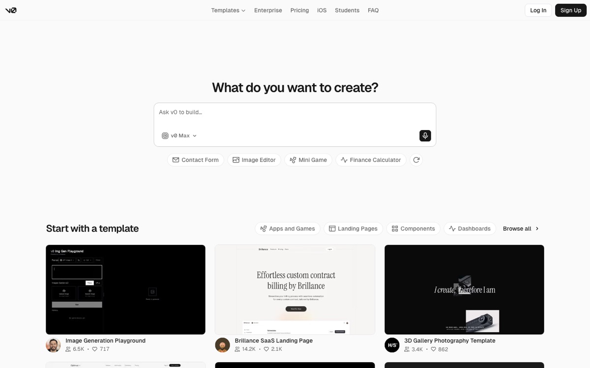 Vercel v0 prompt interface for generating production React components