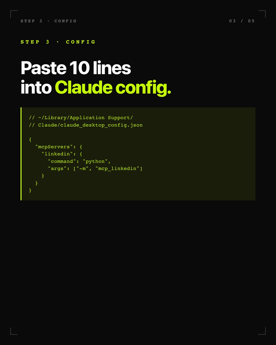 The 5-step LinkedIn MCP setup — install, cookie, config, restart, test