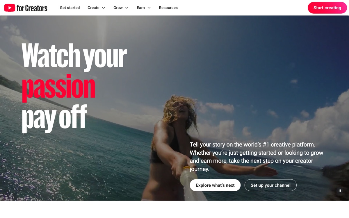 YouTube's official For Creators page — where every channel starts