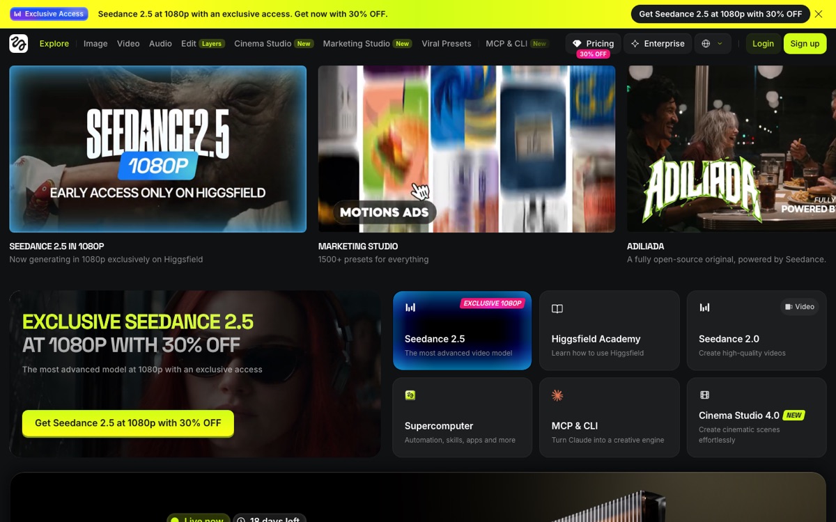 Higgsfield's homepage in August 2026 — Seedance 2.5 at 1080p, Cinema Studio 4.0 and the MCP & CLI tools