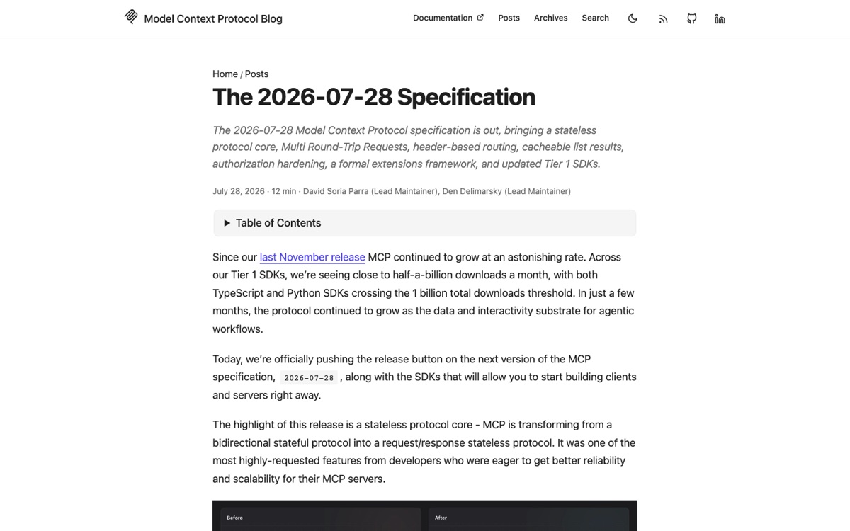 The Model Context Protocol blog announcing the 2026-07-28 specification